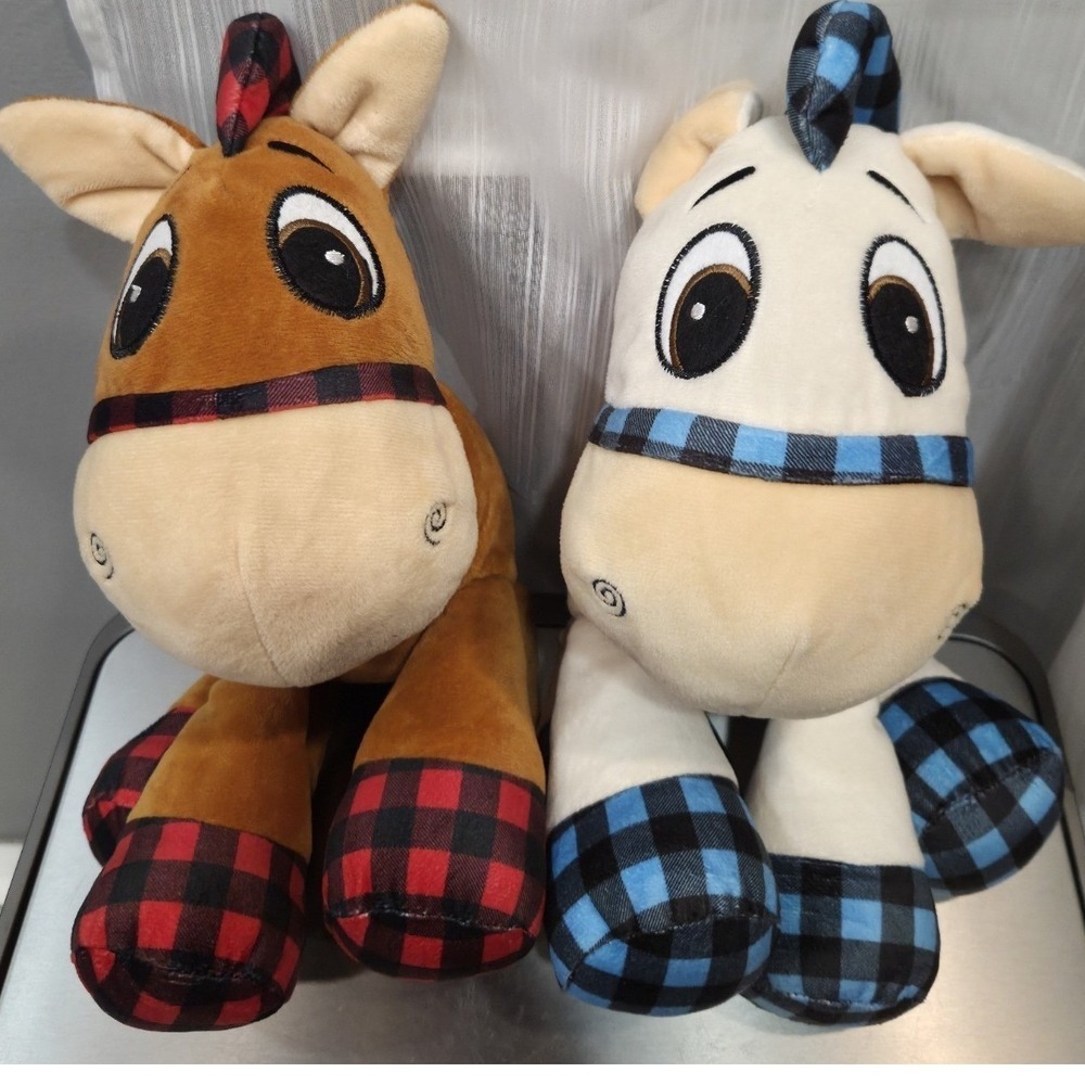 Goffa Funland Derby Horses Soft Plush Checkered Hooves/Mane 12" Set/2 Red &Blue